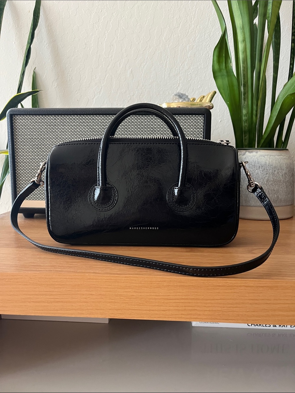 Margesherwood Black Patent Leather Top-Handle Shoulder Bag